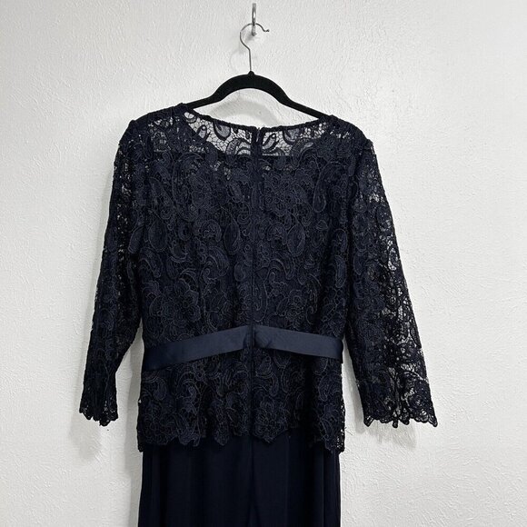 Vintage Patra Blue Evening Formal Dress Sz 14 Floral Lace Overlay Bodice Belted - Picture 10 of 14